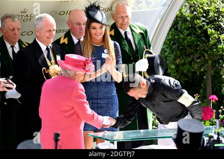 Queen Elizabeth II (left) with Frankie Dettori during day three of Royal Ascot at Ascot Racecourse Stock Photo