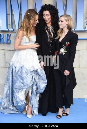 Lily James, Cher and Amanda Seyfried attending the premiere of Mamma Mia! Here We Go Again held at the Eventim Hammersmith Apollo, London. Photo credit should read: Doug Peters/EMPICS Stock Photo