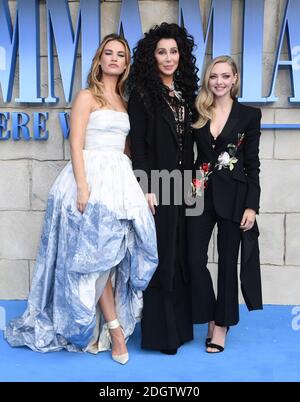 Lily James, Cher and Amanda Seyfried attending the premiere of Mamma Mia! Here We Go Again held at the Eventim Hammersmith Apollo, London. Photo credit should read: Doug Peters/EMPICS Stock Photo