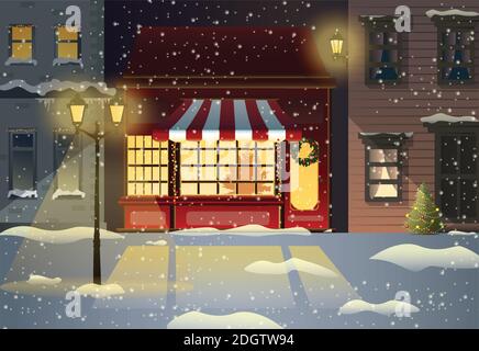 illustration winter city street with soft street lights in the night in snow fall with red christmas shop. Stock Vector