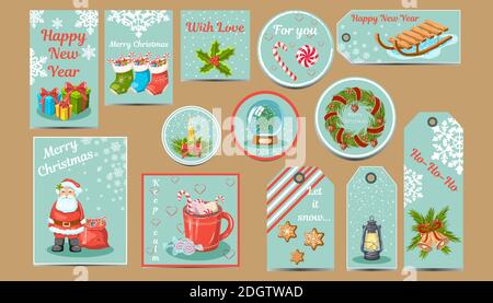 Christmas illustration, greeting paper cards and gift tags collection in hand drawn style. Stock Vector