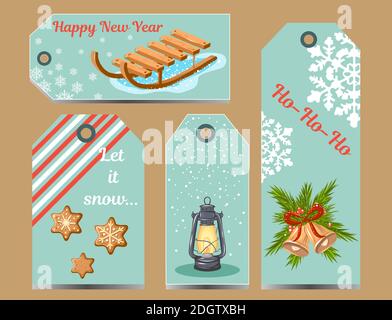 Vector Christmas illustration, greeting paper cards and gift tags collection in hand drawn style. Stock Vector