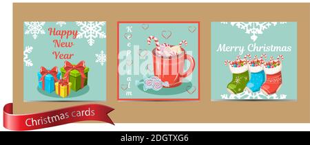 Vector Christmas illustration, greeting paper cards and gift tags collection in hand drawn style. Stock Vector