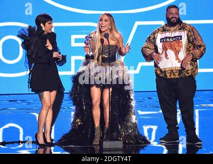 (left to right) Cardi B, Jennifer Lopez and DJ Khaled accept the Best Collaboration award on stage at the MTV Video Music Awards 2018, Radio City, New York. Photo credit should read: Doug Peters/EMPICS  Stock Photo