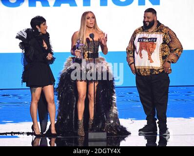 (left to right) Cardi B, Jennifer Lopez and DJ Khaled accept the Best Collaboration award on stage at the MTV Video Music Awards 2018, Radio City, New York. Photo credit should read: Doug Peters/EMPICS  Stock Photo