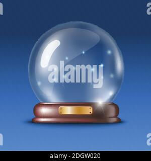 realistic mock up glass globe magic snow stand on blue background. Stock Vector