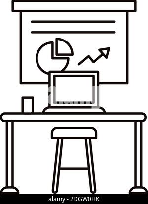 work place coworking with statistics and laptop line style icon vector illustration design Stock Vector