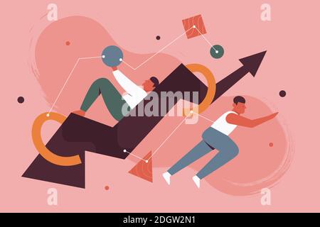 Investment success growth concept vector illustration. Cartoon man characters holding geometric figures in hand around huge growing arrow, successful investing in new trendy idea strategy background Stock Vector