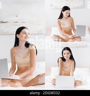 collage of smiling woman with vitiligo using laptop in bed Stock Photo