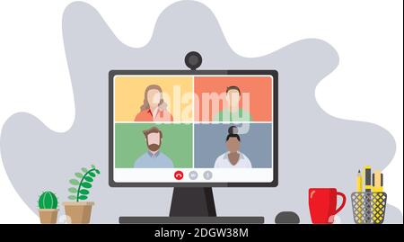 Diverse group of colleagues in a video conference on computer screen Stock Vector