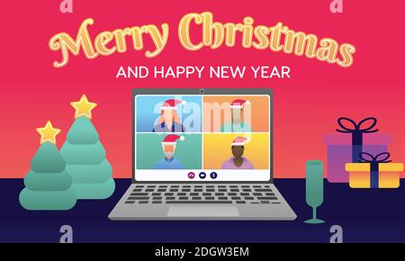 Merry Christmas and happy new year text banner - people meeting online Stock Vector