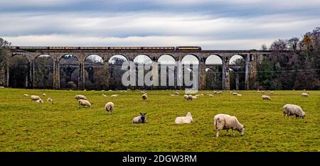 The Northern Belle train crosses the Chirk Viadcut in Wrexham, North Wales, as it journeys between Chester and Telford, Shropshire, carrying passengers on a luxury Christmas dining experience. Stock Photo