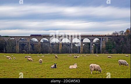 The Northern Belle train crosses the Chirk Viadcut in Wrexham, North Wales, as it journeys between Chester and Telford, Shropshire, carrying passengers on a luxury Christmas dining experience. Stock Photo