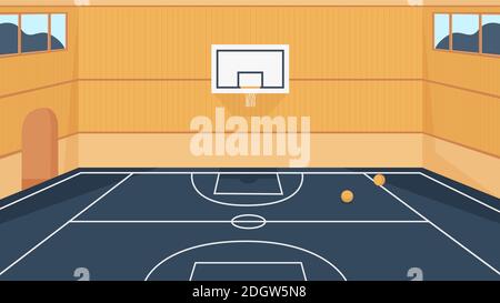 Basketball court vector illustration. Cartoon 3d empty indoor stadium, gym sport arena or hall playground for sportive team games with balls on floor and basket hoop in central zone background Stock Vector