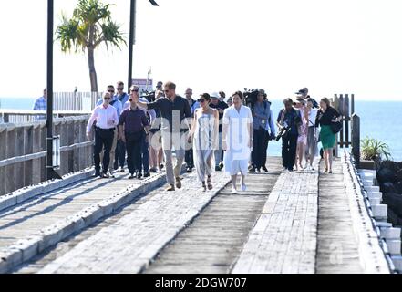 Prince Harry Duke of Sussex and Meghan Duchess of Sussex arriving at Kingfisher Jetty, Fraser Island, Australia . Photo credit should read: Doug Peters/EMPICS Stock Photo