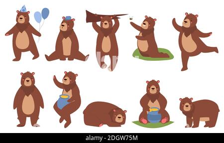 Cute brown bear vector illustration set. Cartoon funny fluffy teddy bear characters in different poses collection with furry animal sitting and sleeping, dancing and eating honey isolated on white Stock Vector