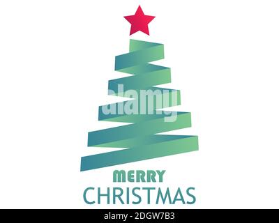 Merry Christmas greeting card modern design style. Christmas tree from ribbon with star on white background. Gradient color green. Vector illustration Stock Vector