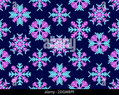Snowflakes seamless pattern, blue and pink colors. Merry Christmas and Happy New Year background with falling snow. Flat style. Vector illustration Stock Vector
