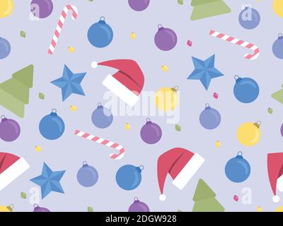 Christmas seamless pattern with Christmas trees and Christmas balls, stars, candies and cap Santa Claus. Xmas ornaments for greeting cards, wrapping p Stock Vector