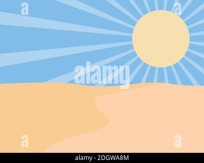 Desert landscape with sun in a minimalistic style. Sand dunes and sunbeams in the sky. Boho decor for prints, posters and interior design. Mid Century Stock Vector