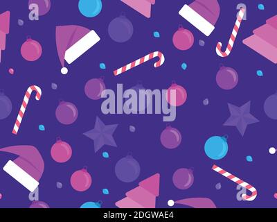 Christmas seamless pattern with Christmas trees and Christmas balls, stars, candies and cap Santa Claus. Xmas ornaments for greeting cards, wrapping p Stock Vector