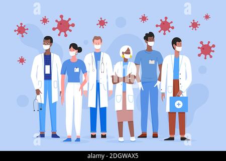 Doctor people medic team in medical masks vector illustration. Cartoon support medical staffs with man woman characters, frontline medicine professional hospital workers standing together background Stock Vector