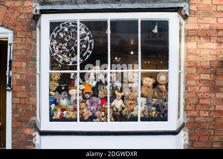 Front window display of a small retail shop in Stratford on Avon specializing in the sale of Teddy Bears in UK Stock Photo