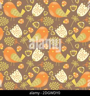 Vector Seamless pattern with birds, flowers and ladybugs