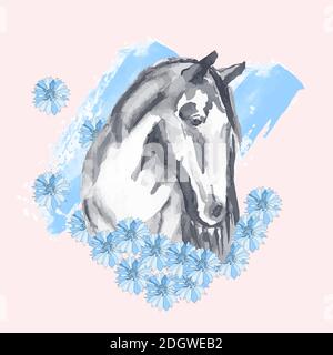 Hand drawn watercolor horse portrait. Doodle style illustration. Watercolor horse in floral frame with watercolor brush strokes on background. Monochr Stock Vector