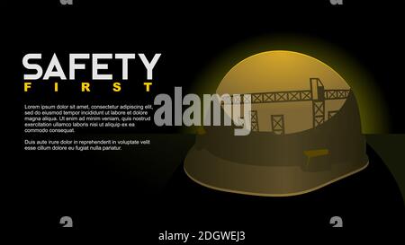 safety first. safety. hard hats reflected with rigs building. vector illustration Stock Vector