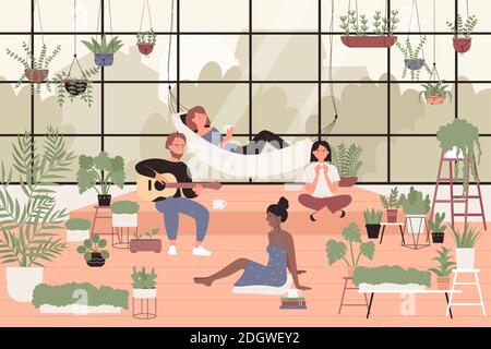 People in greenhouse home garden vector illustration. Cartoon young man woman friends characters spend time together in green house interior with potted houseplants in pots, botanical hobby background Stock Vector