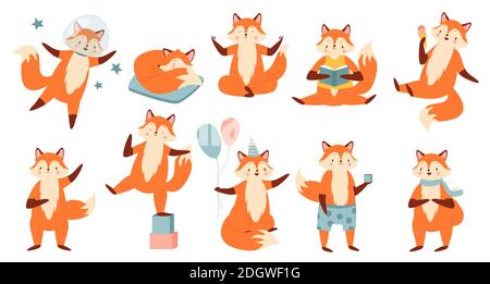 Cartoon funny fox vector illustration set. Cute collection with red fox astronaut flying in space, reading book, sitting in yoga zen pose, sleeping, celebrating holiday with balloons isolated on white Stock Vector