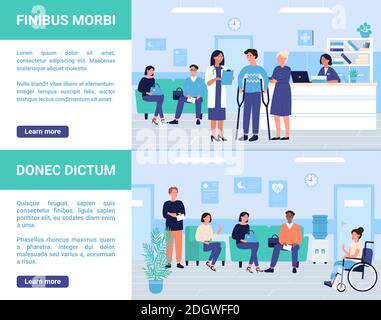 Patients people wait doctor examination in hospital or medical center vector illustration set. Cartoon man woman waiting, disabled characters sitting in wheelchair or holding crutches in medics clinic Stock Vector