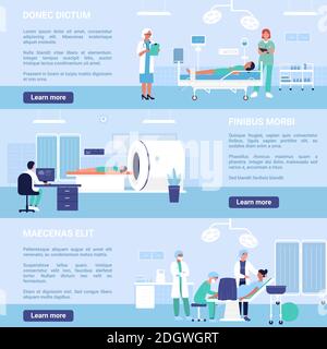 People in hospital departments vector illustration set. Cartoon man woman doctor and nurse working with patients in gynecological or surgical ward department, laboratory tomography scanner background Stock Vector