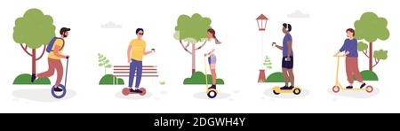 Eco city transportation activity vector illustration set. Cartoon active woman man character riding electric eco friendly transport in public park, scooter, hoverboard or gyroscooter isolated on white Stock Vector