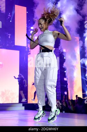 Ella Eyre performs on stage with Sigala during day two of Capital's Jingle Bell Ball 2018 with Coca-Cola at the O2 Arena, London. Picture Credit Should Read: Doug Peters/EMPICS Entertainment Stock Photo