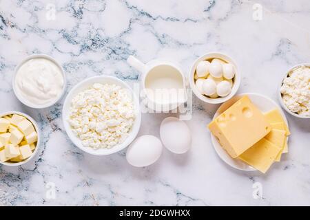 Different types of dairy products. Top view. Stock Photo