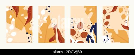 Autumn leaves pattern in warm light colors vector illustration set. Abstract floral simple design with red orange autumnal foliage and dots, fall season nature leaf texture background collection Stock Vector