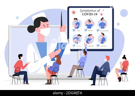 Online medical lecture about covid19 vector illustration. Cartoon lecturer character teaching students from laptop screen, talking about coronavirus symptoms on medicine webinar isolated on white Stock Vector