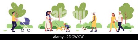 People walking in city park together vector illustration set. Cartoon cityscape summer park scenes collection, happy family characters walk and play with dog, father with stroller isolated on white Stock Vector