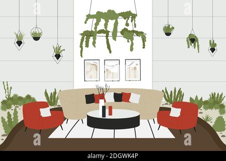 Scandinavian interior of modern house vector illustration. Cartoon cozy living room or home apartment furnished in trendy scandic hygge style with sofa, wall pictures and green houseplants background Stock Vector