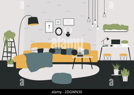 Scandinavian interior design for home apartment vector illustration. Cartoon living room with couch sofa and cozy blanket, green potted houseplants, paintings on brick wall and lamps background Stock Vector