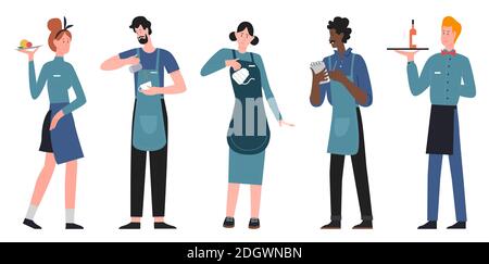 People waiter and waitress vector illustration set. Cartoon restaurant team of staff character, catering service collection, man woman standing, holding tray with order food or drink isolated on white Stock Vector