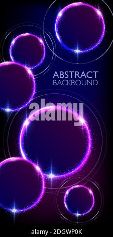 Glowing neon purple and blue circles abstract background. Round lines with electric light frames. Vertical geometric fashion design vector Stock Vector