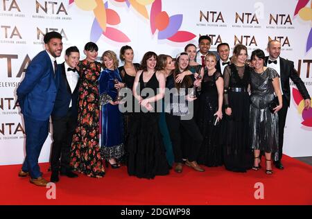 The cast of Emmerdale with the award for best Serial Drama in the Press Room at the National Television Awards 2019 held at the O2 Arena, London. Photo credit should read: Doug Peters/EMPICS Stock Photo