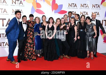 The cast of Emmerdale with the award for best Serial Drama in the Press Room at the National Television Awards 2019 held at the O2 Arena, London. Photo credit should read: Doug Peters/EMPICS Stock Photo