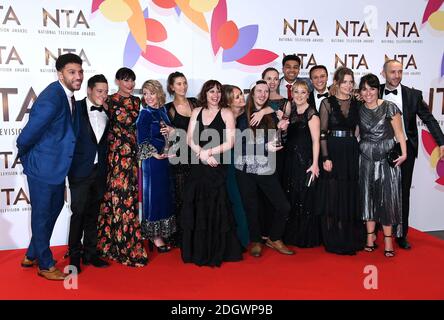 The cast of Emmerdale with the award for best Serial Drama in the Press Room at the National Television Awards 2019 held at the O2 Arena, London. Photo credit should read: Doug Peters/EMPICS Stock Photo