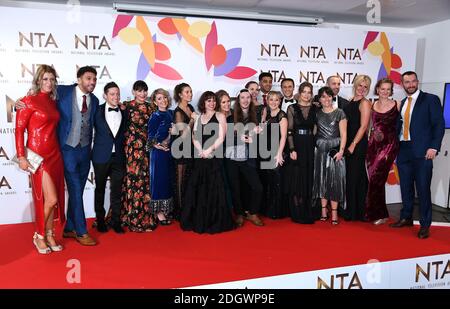 The cast of Emmerdale with the award for best Serial Drama in the Press Room at the National Television Awards 2019 held at the O2 Arena, London. Photo credit should read: Doug Peters/EMPICS Stock Photo