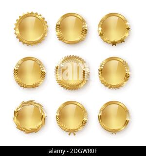 Award golden blank medals 3d realistic illustration. First place medals with laurel leaves. Certified. Quality blank, empty badge, emblem set. Stock Vector