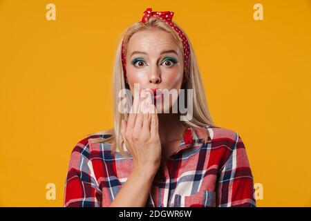 Image of surprised blonde pinup girl posing and looking upward isolated ...